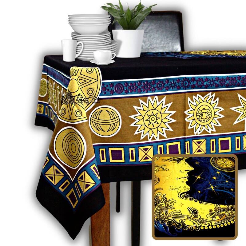 Golden Moon Cotton Tablecloth Rectangle Cosmic Blue Dining Linen - 88 x 104 inches