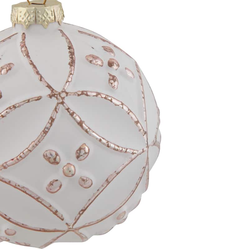 Matte White Pink Floral Glass Hanging Christmas Ball Ornament 3.75"