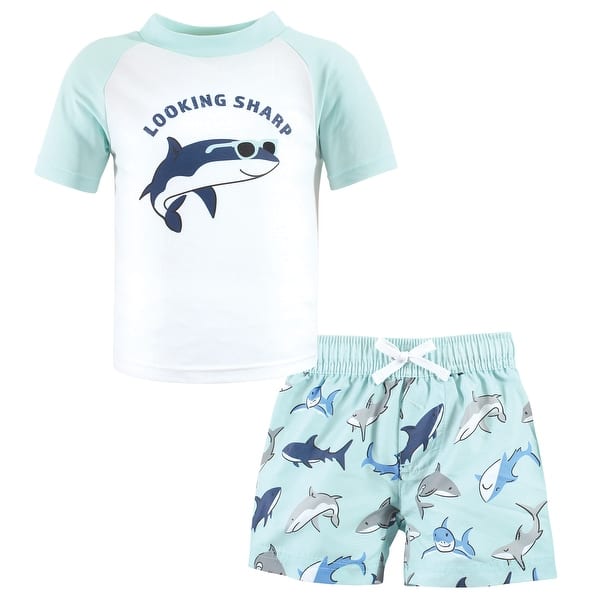 slide 1 of 1, Hudson Baby Boys Swim Rashguard Set, Looking Sharp Shark 12-18 Months - Looking Sharp Shark