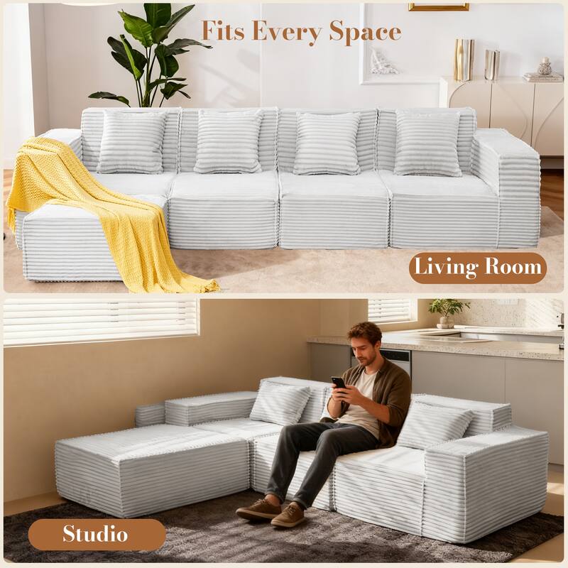 L-Shaped Modular Sectional Sofa with Ottoman, Striped Corduroy Deep Seat Cloud Couch, Large 4-Seat Corner Sofa