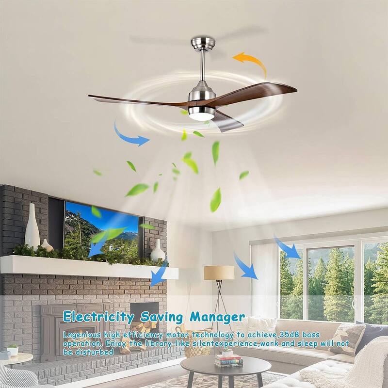 52 inch Smart Ceiling Fan Light with Remote Control with 3 Wood Blades,Flush Mount,Dimmable LED