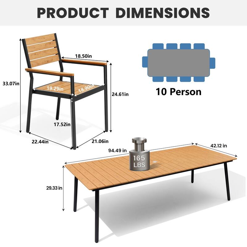 7/9/11-Piece Outdoor Dining Set Aluminum Dining Table with Umbrella Hole and Stackable Chairs