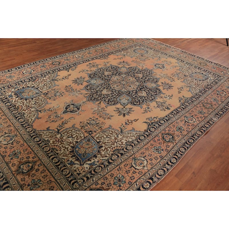 Orange Geometric Tabriz Persian Vintage Rug Handmade Wool Carpet - 7'7" x 11'5"