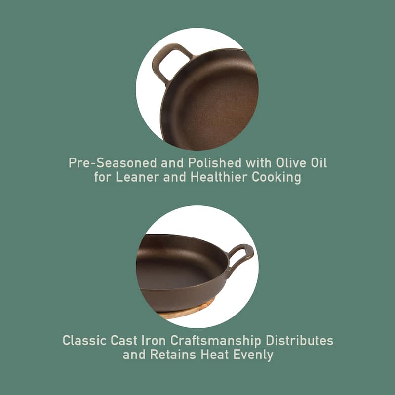 Bloomhouse Natural Bronze Finish Pre-seasoned Cast Iron Grill, Everyday Pan, Skillet & Olive Wood Trivet