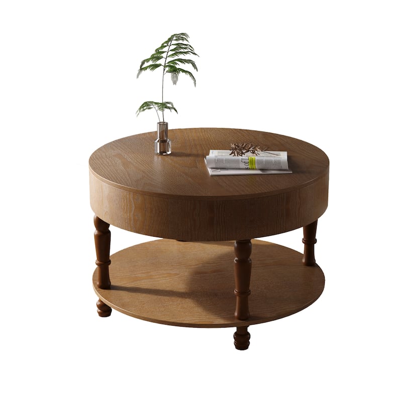 Round Flip-Top Coffee Table with Storage, Dual-Tier Center Table with Adjustable Leveling Feet and Open Shelf