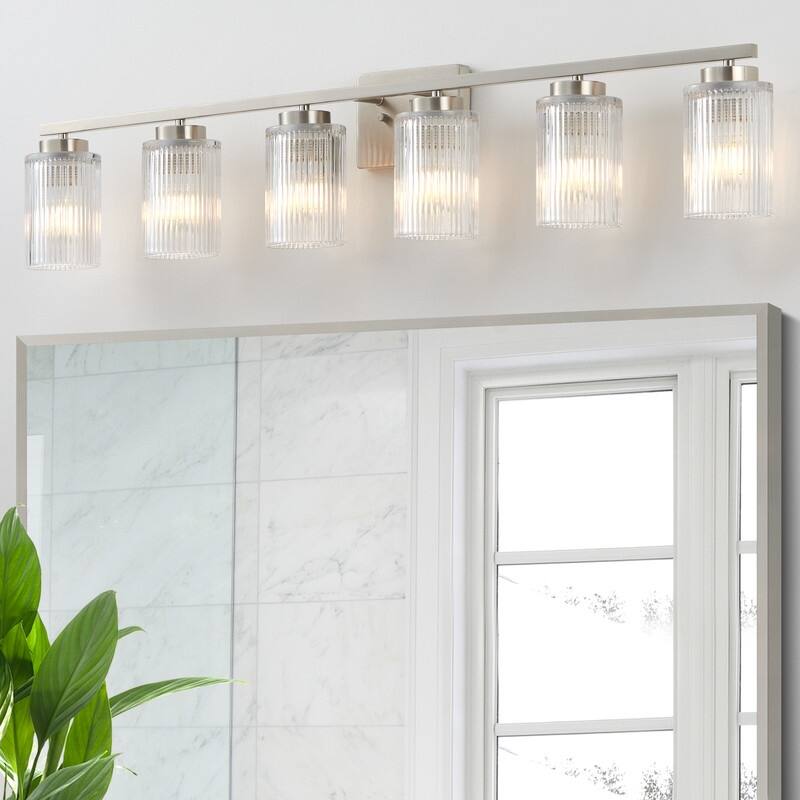 KAWOTI Modern Vanity Light with Cylinder Ribbed Glass Shade - 6-Light(W43.25") - Brushed Nickel