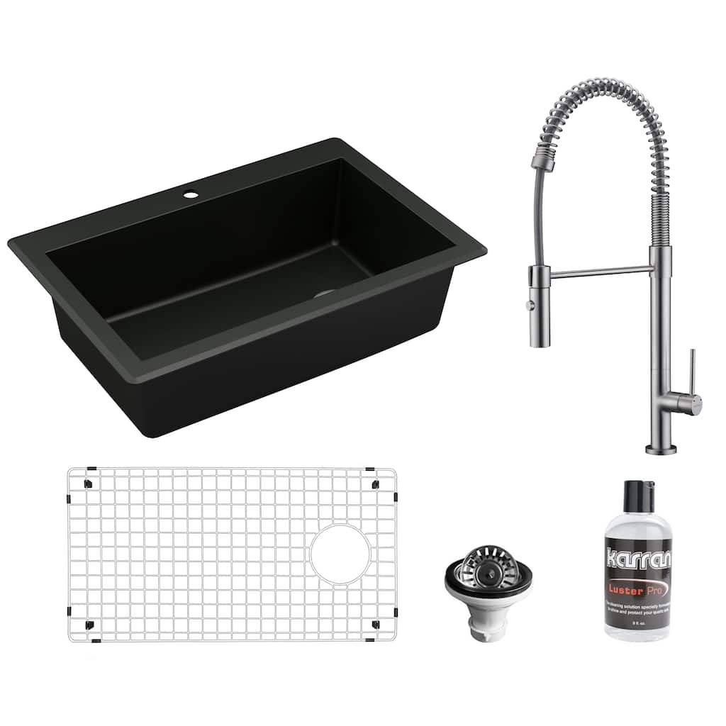 Karran All in One Drop-In Quartz Composite 33 in. Single Bowl Kitchen Sink in Black with Faucet KKF220 in Stainless Steel