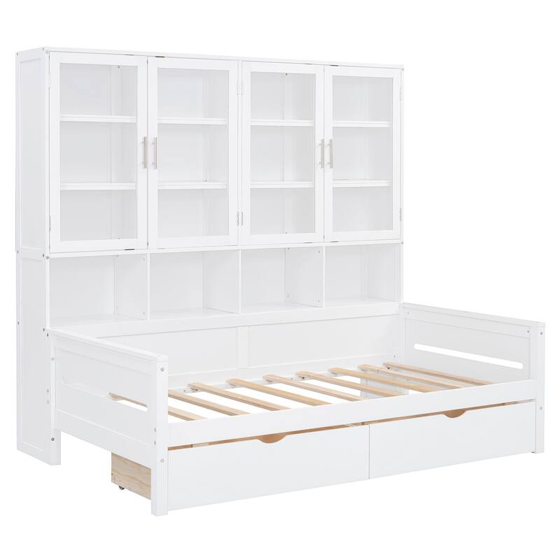 Bookcase Daybed with Storage Cabinets Wooden Captains Bed Built-in LED Lighting