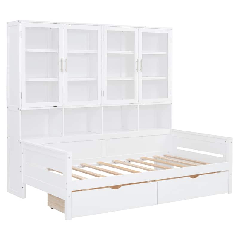Full/Twin Size Daybed with Glass-Door Storage Cabinets, Built-in LED Lighting and Shelves