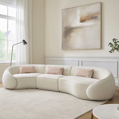 Sarah Sectional Sofa, 3 Pillows, Beige Boucle Fabric, Curved Shape