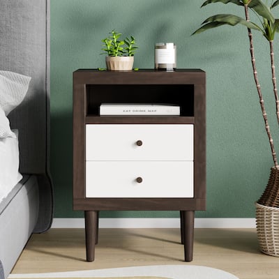 Faux Wood Nightstand, Storage Cabinet with 2 White Drawers Bedside Table Living Room, Rustic Beside Sofa Table for Home Bedroom