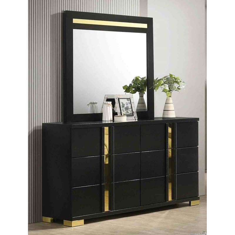 Black Finish Contemporary Bedroom Furniture Set LED Bed Nightstand Dresser Mirror Chest