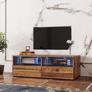 LED Stand for Up to 43 Inch TVs with Adjustable Colors and Modes,with 2 Storage Drawers and 2 Open Glass Shelves, Brown