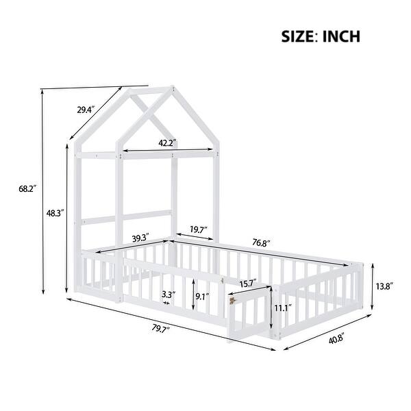 dimension image slide 0 of 3, Twin Size Wooden Floor Bed with Fence Railings and Detachable Headboard, Kids Dress Up Rack, Playhouse Frame