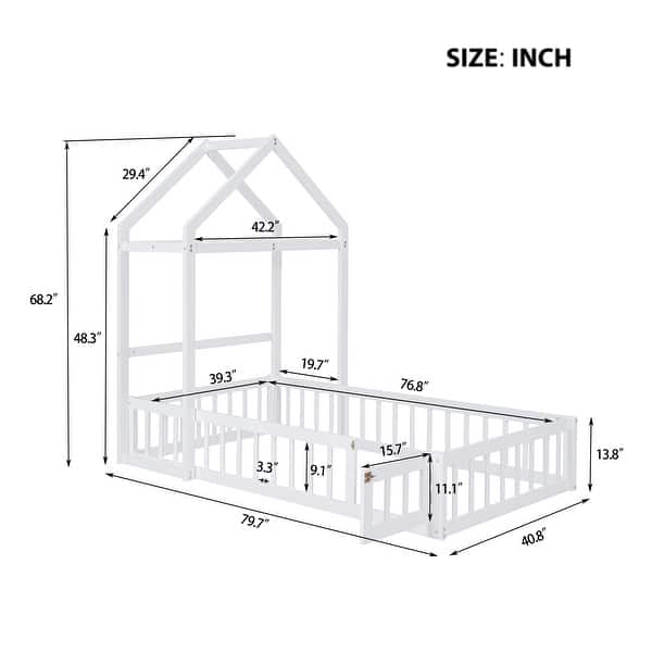 dimension image slide 4 of 6, Wooden Floor Bed wFence Railings and Detachable House Shape Headboard Platform Bed, Kids Montessori Style Playhouse Frame Bed