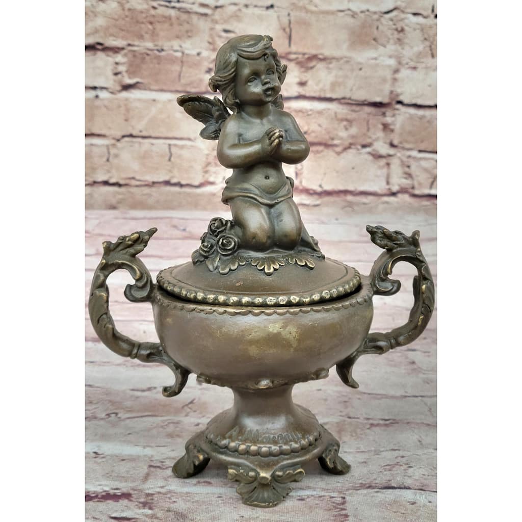 Handcrafted Baby Angel Praying Trinket Jewelry Box Bronze Sculpture Figurine