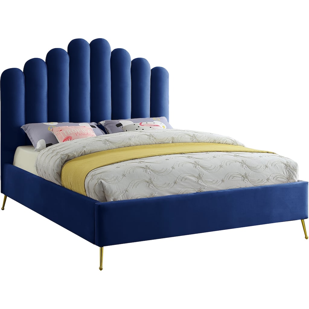 Velvet Platform Bed - Upholstered Bed with Tufted Headboard & Gold Legs