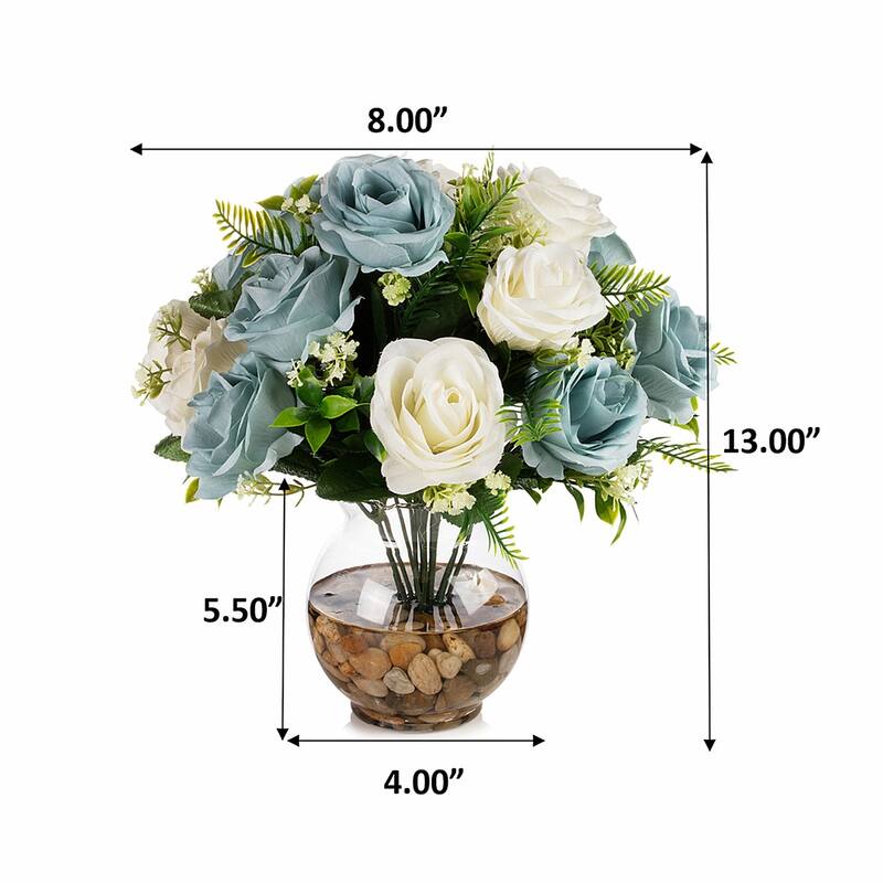 18 Heads Silk Rose Flower in Clear Glass Vase With Faux Water and River Stone for Home Decor, Wedding Table