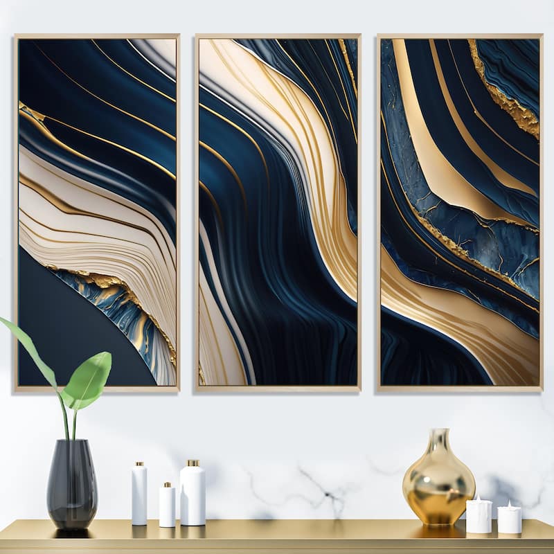 Designart "Abstract Geode Waves Blue And Gold II" Modern Waves Framed Canvas Art Print - 3 Panels - 48 in. wide x 32 in. high - 3 Panels - Natural