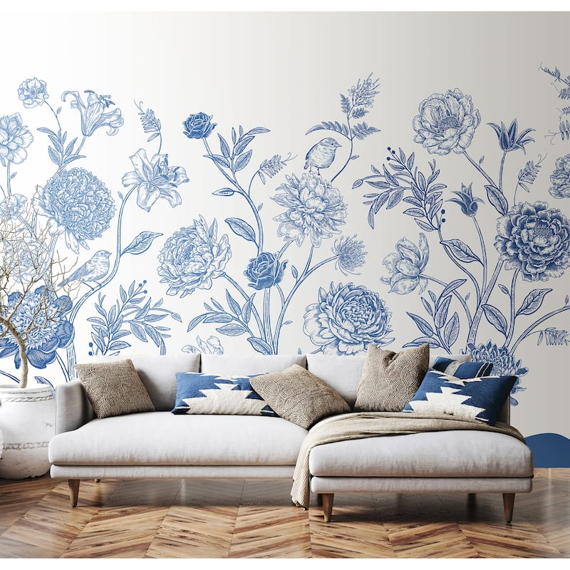 Brewster Origin Murals Jacobean Rose Trail Blue Wall Mural - N/A