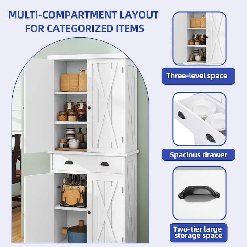 Moasis 72" H Wood Farmhouse Kitchen Pantry Cabinet with Adjustable Shelves & Drawer