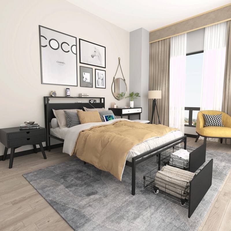 Full Size Bed Frame with Storage Headboard, 2 Drawers, LED Lights, and Charging Station