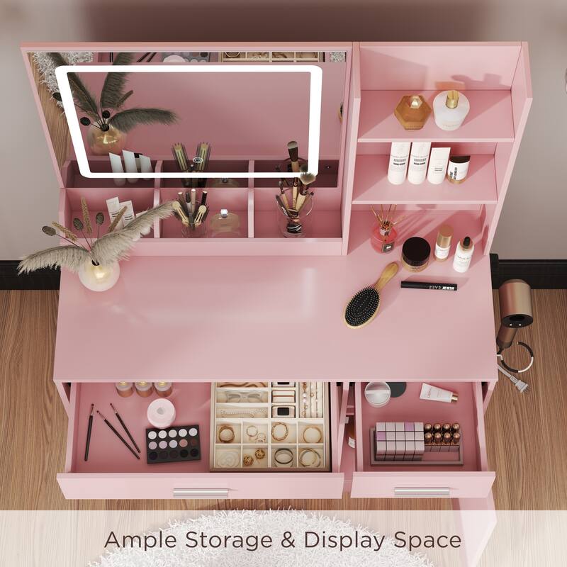 2-Piece Vanity Set with Upholstered Stool, Makeup Vanity Desk with LED Light Mirror and Charging Station