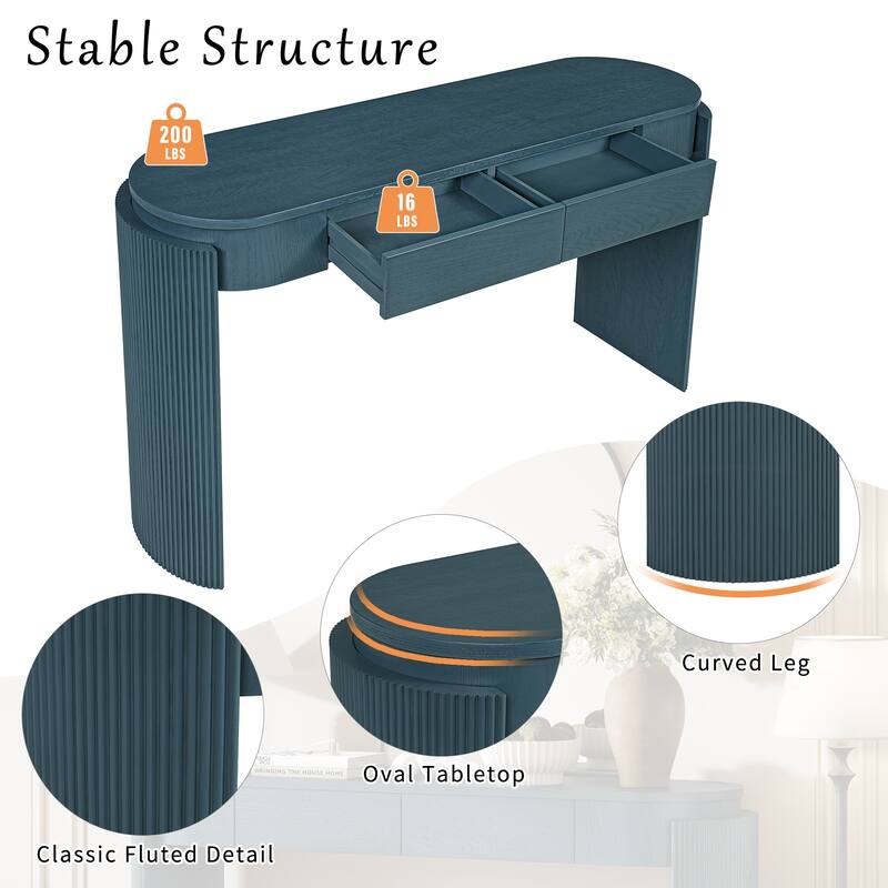 Oval-shaped Top Entryway Table Sofa Table with 2 Drawers, Fluted Console Table for Hallway or Home Decor