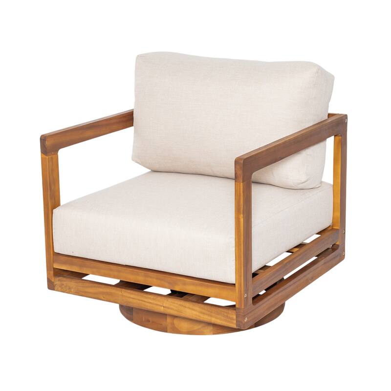 Roomfitters Tanah Outdoor Acacia Wood Swivel Lounge Chair with Cushions, Teak Finish and Beige