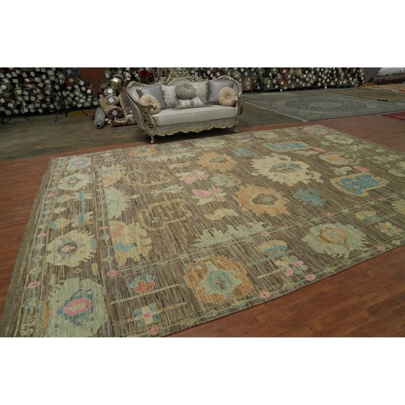 Hand Knotted Oriental 100% Wool Carpet Transitional All-Over Brown Oushak Area Rug - 17' 8'' X 12' 0''