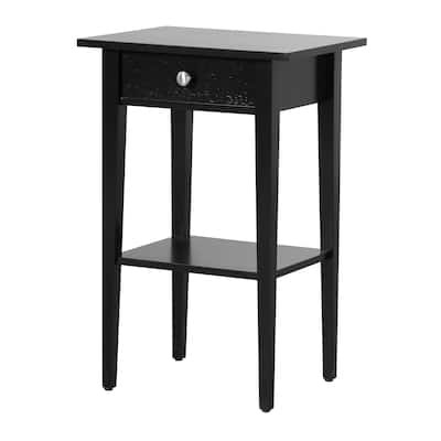 Wood High Legs Bedside Table End Table with Felt Lined Top Drawer and Open Storage Shelf for Bedroom Children's Rooms, Black