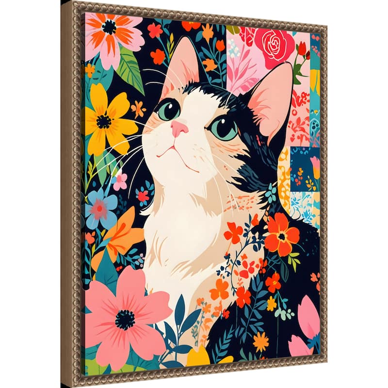 Floral Patchwork Cat by Kintsugi99 Framed Canvas Wall Art