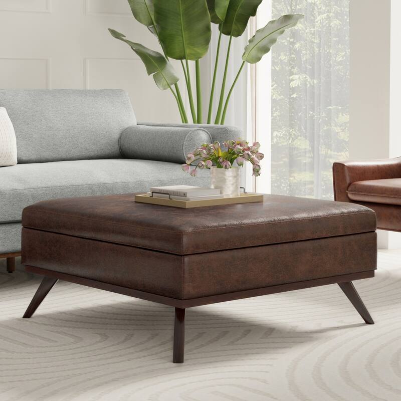 WYNDENHALL Ethan Mid Century Modern Table Ottoman - 40"D x 40"W x 19.1"H - Distressed Chestnut Brown