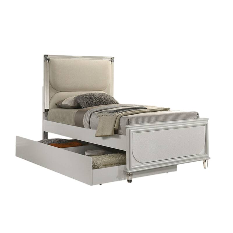 Dima Full Bed, Upholstered Headboard w LED, Pearl White, Clear Legs
