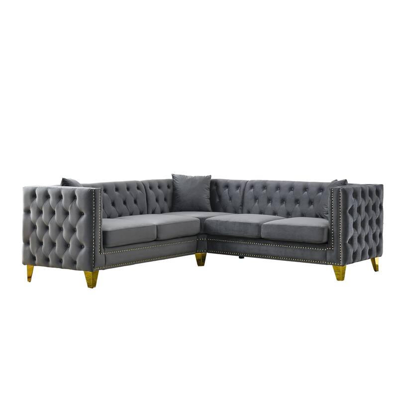 Velvet L Shaped Sofa Couch, Tufted Upholstered Sectional Couch, 5 Seater Corner Sofa with Tapered Legs & 3 Pillows