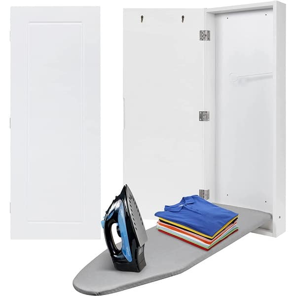 slide 2 of 6, Ivation Wall-Mounted Ironing Board Cabinet, Foldable Storage Station, Easy-Release Lever, Garment Hooks, Left Sided Door, White