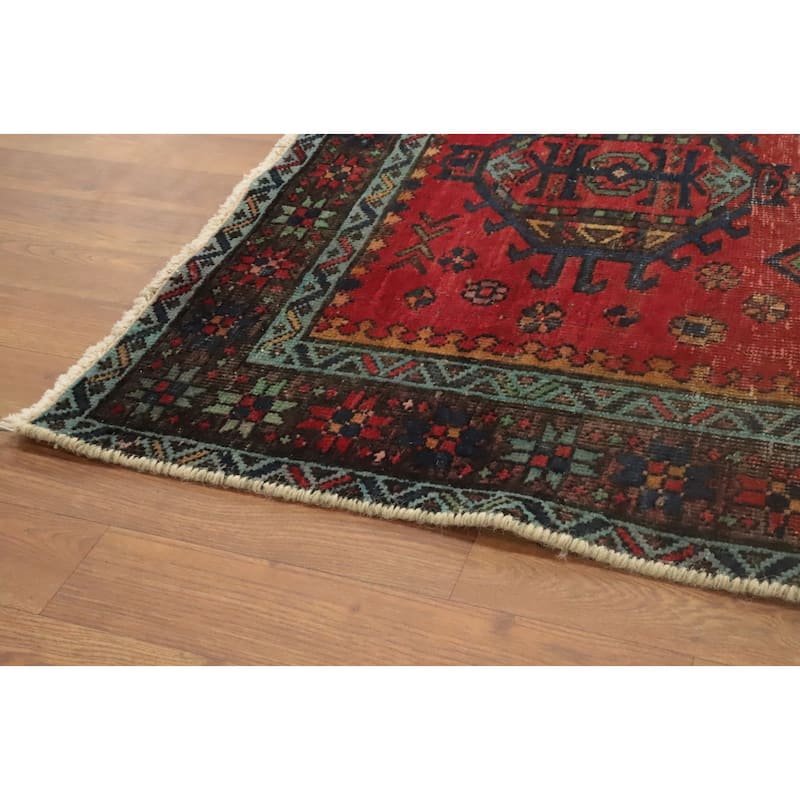 Hand Knotted Oriental 100% Wool Carpet Traditional Geometric Oranges & Rust Heriz Runner Rug - 10' 1'' X 3' 5''