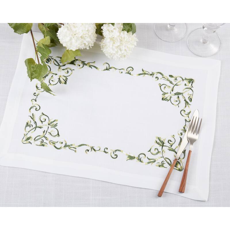 Embroidered Floral Design Scroll Table Mats (Set of 4) - 14"x20"