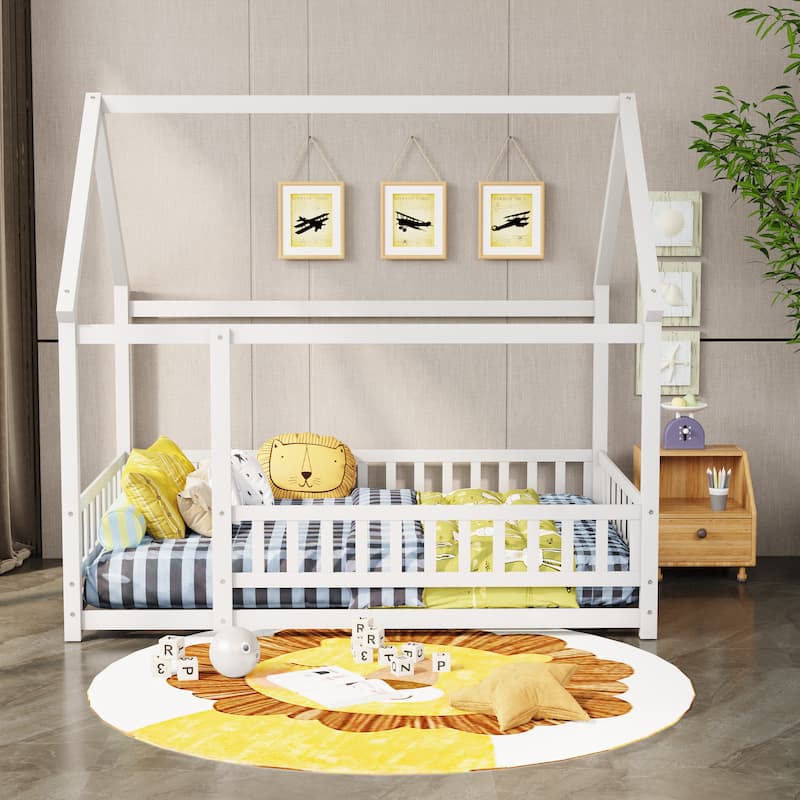Floor Wooden Bed with House Roof Frame