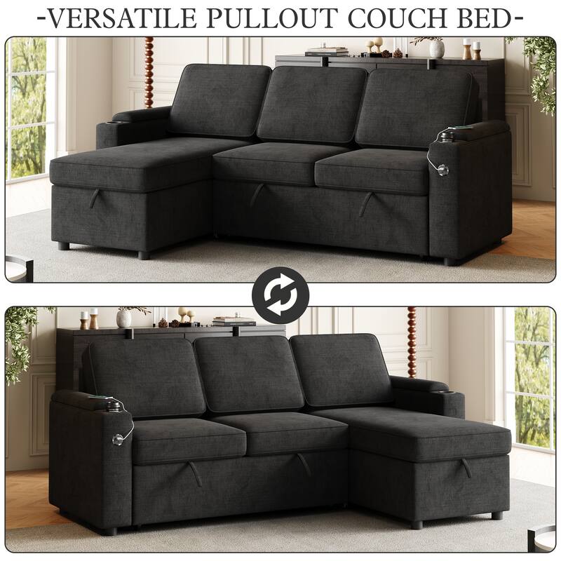 Sleeper Sofa with Storage, Cup Holder and USB Charging Port,Couch with Pull Out Bed, Daybed for Living Room Bedroom
