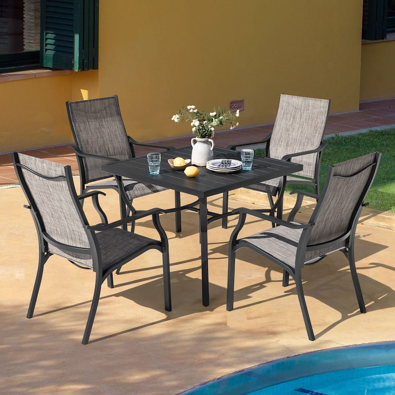 5-Piece Patio Aluminum and Textilene Dining Set with Umbrella Hole, Grayish Brown
