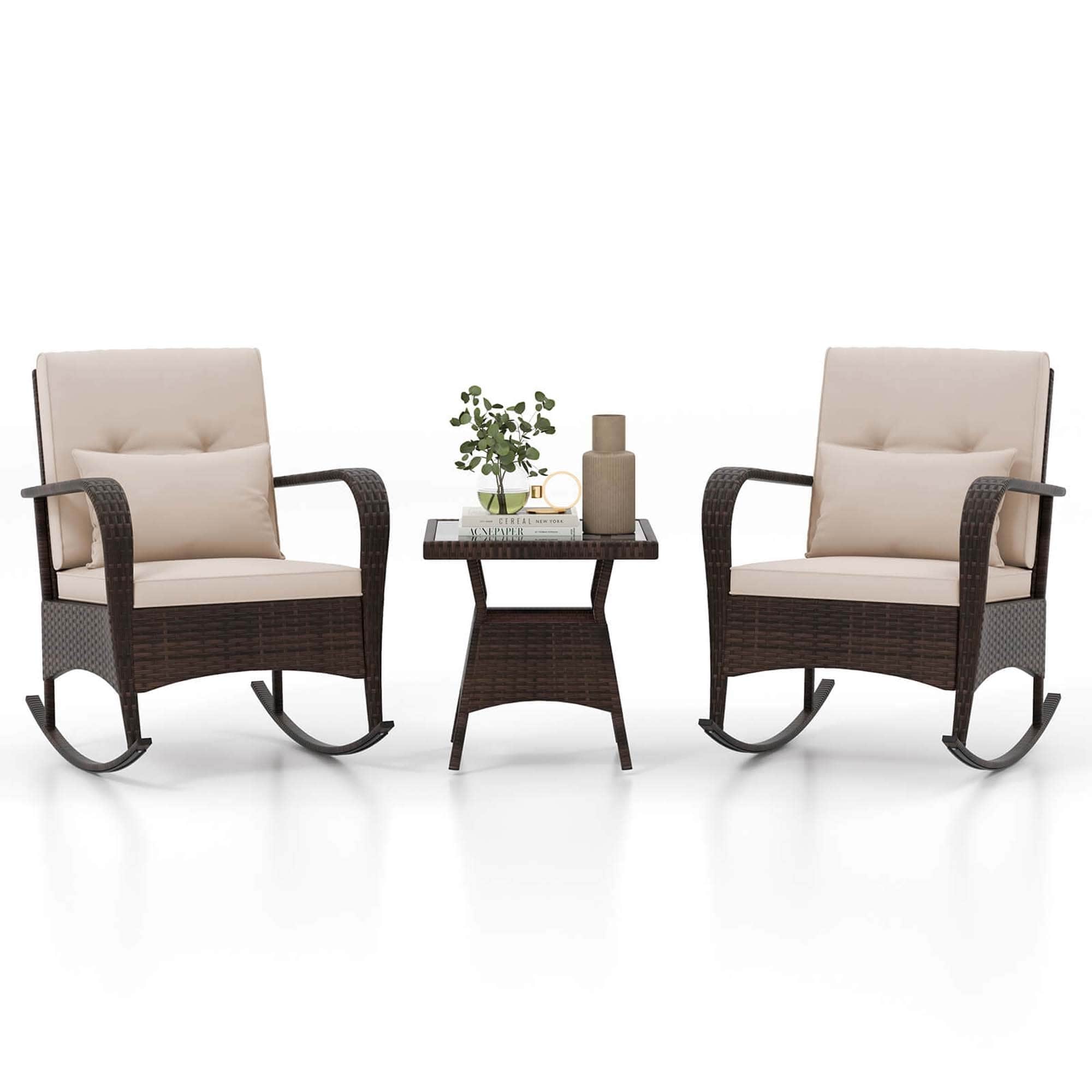 Costway 3 PCS Rocking Bistro Set with Removable Cushions & Tempered - See Details