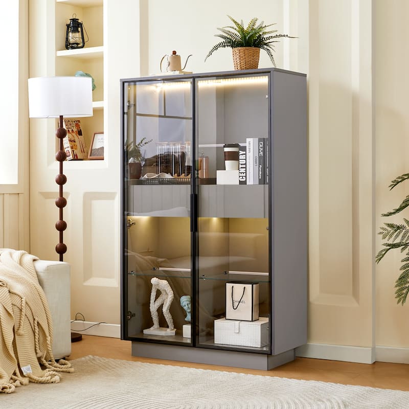 60.6"Tall Display Cabinet with Tempered Glass Door, LED Lighting, Two Drawers