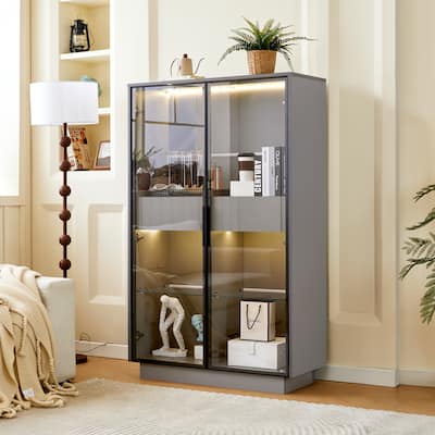60.6'' Tall Display Cabinet with Tempered Glass Door, LED Lighting, Two Drawers, Modern Style Storage Cabinet for Living