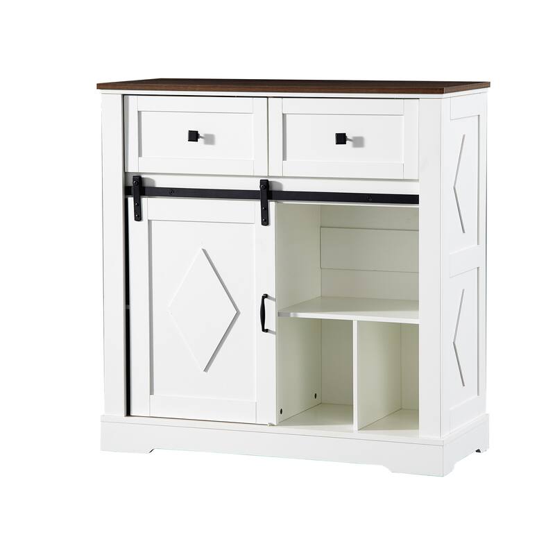 Coffee Bar Cabinet with Sliding Barn Door, Buffet Cabinet with Storage Shelves, Kitchen Sideboard with 2 Drawers