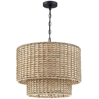 Lennie 20 in. 4-Light Rattan Tiered Drum Chandelier Light with Black Canopy - 20 in. W