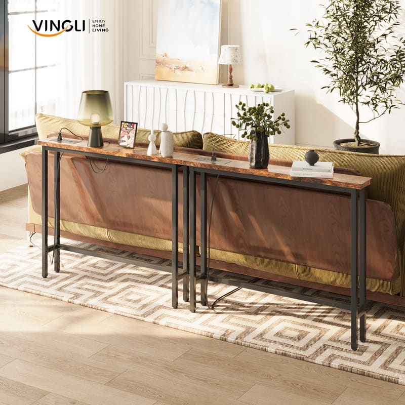 VINGLI Rust Brown 2-piece Set Melamine + Iron Hallway Table with Power Strip