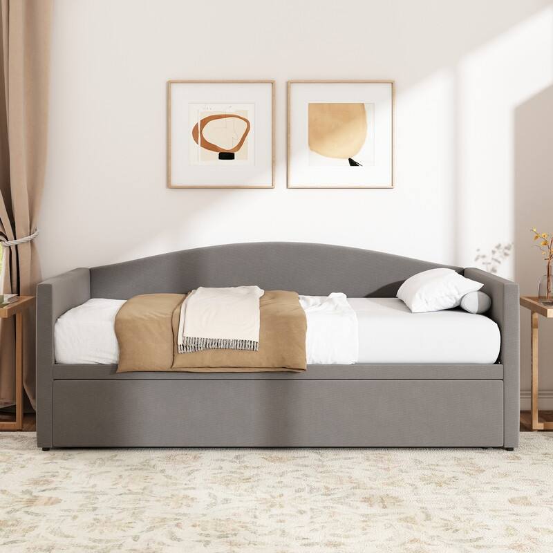 Twin Size Velvet Upholstered Daybed with Extended Pop Up Trundle Bed Convertible King Sofa Bed Frame, Space-Saving Twin to King