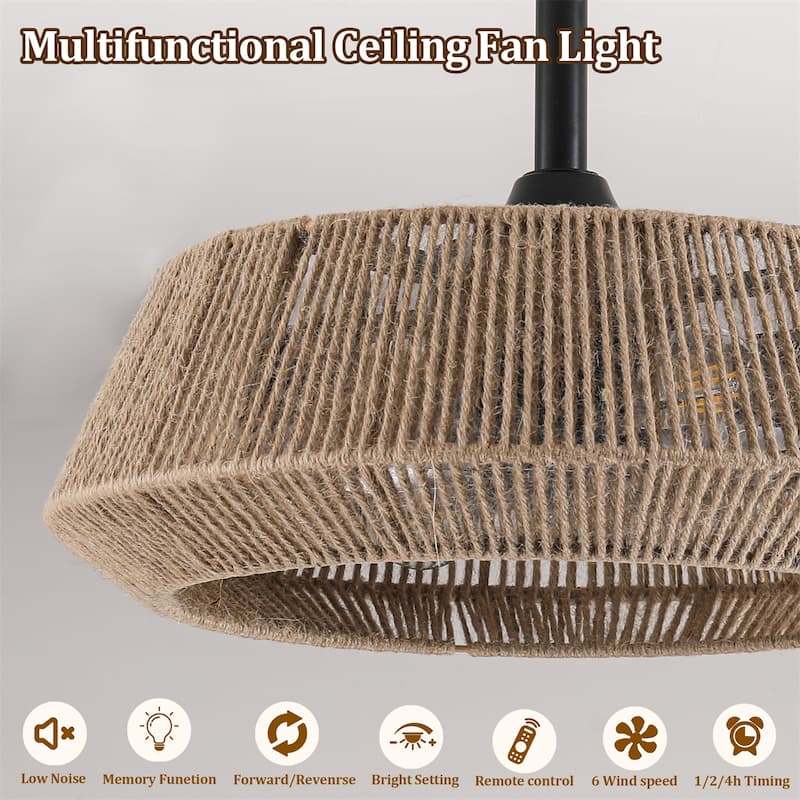 19" Bedroom Fan Light with Rope Suspension with 4 Bulbs and Reversible DC Motor