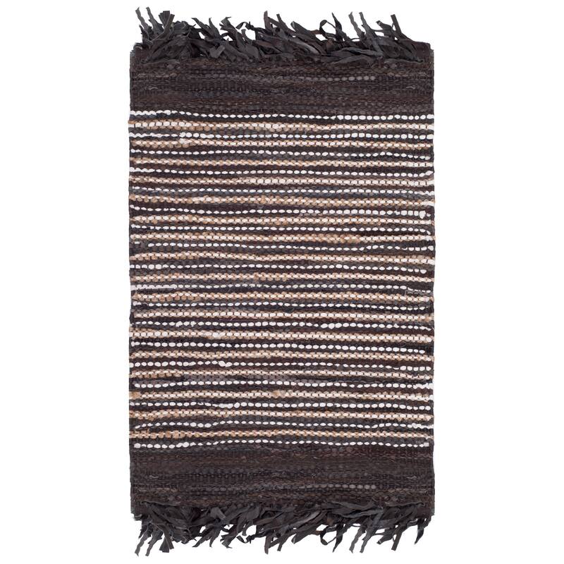 SAFAVIEH Handmade Vintage Boho Leather Zhanna Modern Stripe Leather Rug with Fringe - 2' x 3' - Dark Brown/Multi